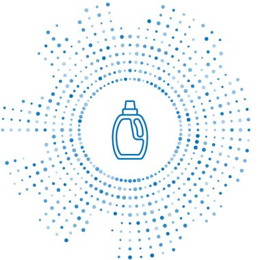 Mavi çizgi. Çamaşır deterjanı, çamaşır suyu, bulaşık deterjanı ya da beyaz arka planda izole edilmiş başka bir temizlik maddesi ikonu için plastik şişe. Soyut çember rastgele noktalar. Vektör