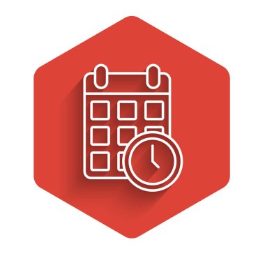 Beyaz çizgi karton kutu ve hızlı dağıtım ikonu uzun gölge arkaplan izole. Kutu, paket, paket işareti. Teslimat ve ambalaj. Kırmızı altıgen düğmesi. Vektör