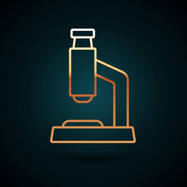 Altın çizgili mikroskop simgesi koyu mavi arkaplanda izole edilmiş. Kimya, ilaç aleti, mikrobiyoloji büyütme aracı. Vektör