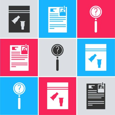 Kanıt torbasını, mermiyi, dava kağıdını ve arama ikonlu büyüteçleri hazırlayın. Vektör.