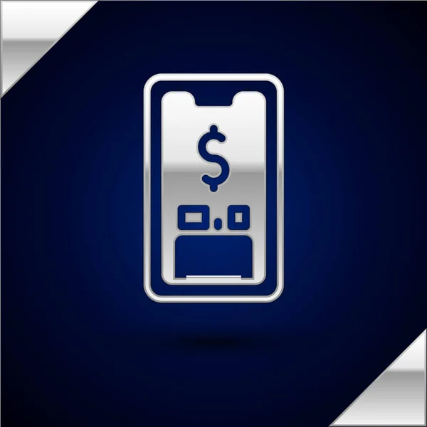 Srebrny Smartfon Ikoną Symbolu Dolara Ciemnoniebieskim Tle Koncepcja Zakupów Online — Wektor stockowy