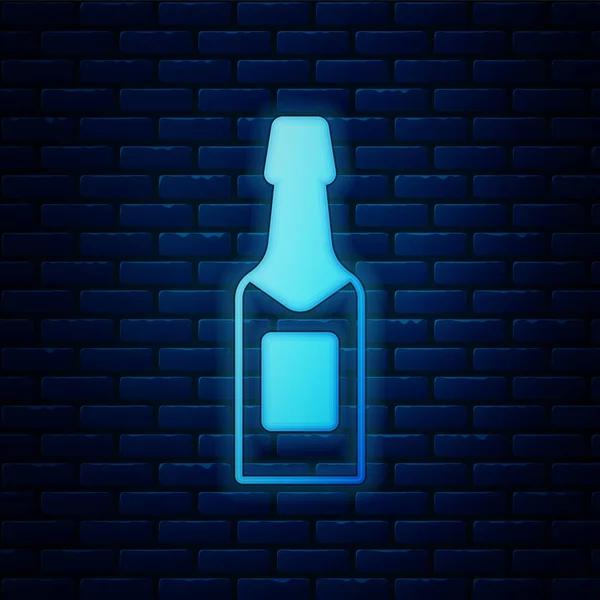 Gloeiende Neon Champagne Fles Pictogram Geïsoleerd Bakstenen Muur Achtergrond Vector — Stockvector