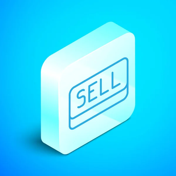 アイソメトリックライン青の背景に隔離されたボタンアイコンを販売します 株式投資市場の概念 銀四角形のボタン ベクトル — ストックベクタ