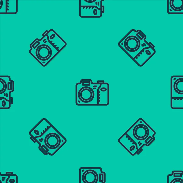 Синяя Линия Иконка Фотокамеры Изолирован Бесшовный Узор Зеленом Фоне Значок — стоковый вектор