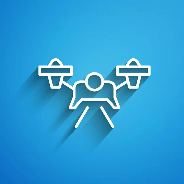 White Line Drone Flying Icon Isolated Blue Background Quadrocopter Video — Stock Vector