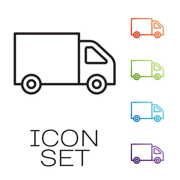 Black Line Delivery Cargo Truck Vehicle Icon Isolated White Background — Stock Vector