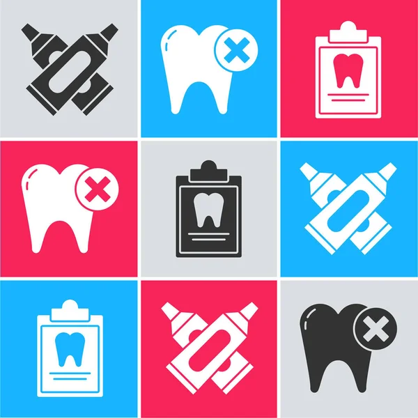 Set Crossed Tube Toothpaste Tooth Caries Clipboard Dental Card Icon — Stock Vector