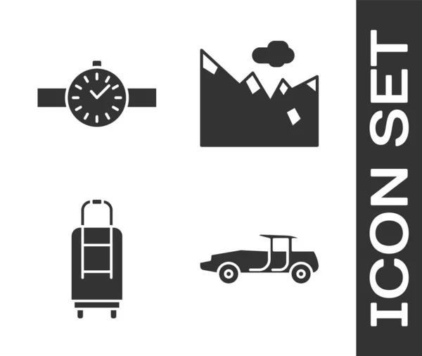 Встановіть Піктограму Автомобіль Наручний Годинник Валізу Гори Векторні — стоковий вектор