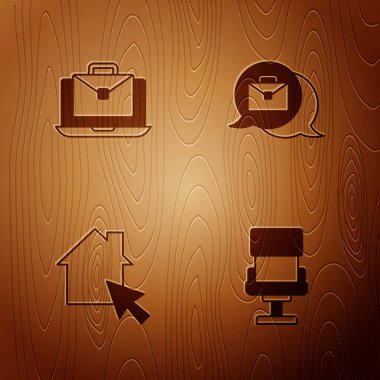 Ofis sandalyesini kur, çevrimiçi çalış, ve ahşap arka planda. Vektör