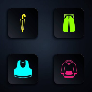 Kapüşonlu, Şemsiyeli, Atletli ve Pantolonlu. Siyah kare düğme. Vektör