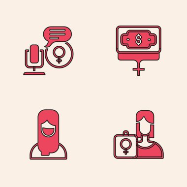Feminist aktivist, mikrofon, para yetiştiren kadın ve Müslüman tesettür ikonu. Vektör