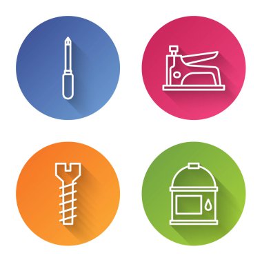 Tornavida, inşaat zımbası, metal vida ve boya kovası. Renkli daire düğmesi. Vektör.