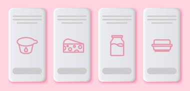 Yoğurt kabı, peynir, tereyağlı süt şişesi. Beyaz dikdörtgen düğme. Vektör