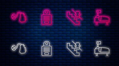 Hattı kurun, asansör devre dışı, işitme cihazı ve hastane yatağı. Tuğla duvarda parlayan neon simgesi. Vektör