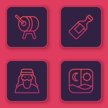 Ramazan davulu, Müslüman adam, bir şişe su ve oruç. Mavi kare düğme. Vektör