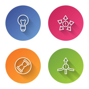 Ampul hattını ayarlayın, birçok yönden yönlü ok, kum ve oklu eski kum saati. Renkli daire düğmesi. Vektör