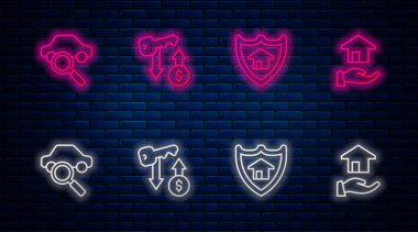 Kiralık anahtar, rozetli ev, araba paylaşımı ve emlakçı. Tuğla duvarda parlayan neon simgesi. Vektör