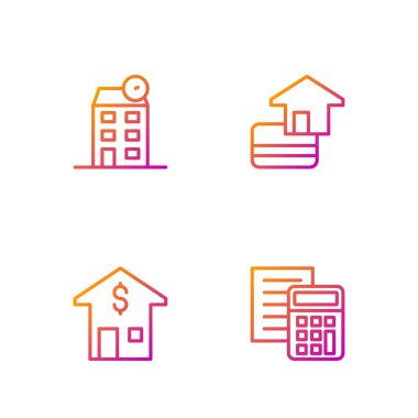 Hesap makinesi, dolarlı ev ve kredi kartı ayarla. Renk simgeleri. Vektör