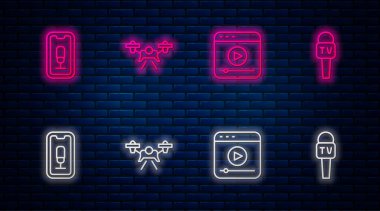 Hat dronu, canlı yayın, mobil kayıt ve mikrofon ayarlayın. Tuğla duvarda parlayan neon simgesi. Vektör