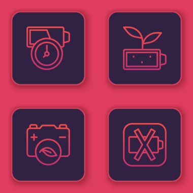 Bataryayı ayarla, Eco Doğa Yaprağı Bataryası ve Düşük. Mavi kare düğme. Vektör