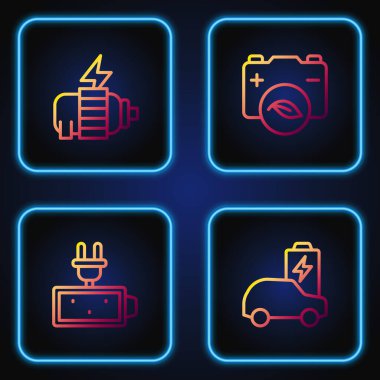 Hat hattı elektrikli araba, akü şarjı, motor ve eko doğa yaprağı bataryası. Renk simgeleri. Vektör