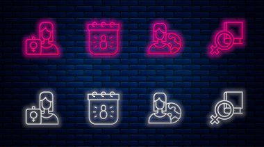 8 Mart takvimi, farklı ülkelerden kadınlar, feminist aktivistler ve kadınlar hakkında kitap. Tuğla duvarda parlayan neon simgesi. Vektör