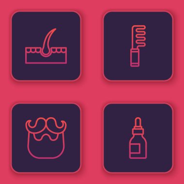 İnsan saç kökü, bıyık ve sakal, saç fırçası ve yağ şişesi. Mavi kare düğme. Vektör