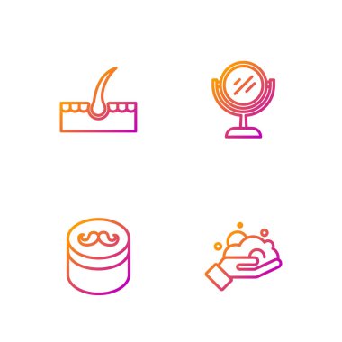 Saç şekillendirme için tıraş köpüğü, jöle ya da balmumu, insan folikülleri ve el aynası. Renk simgeleri. Vektör