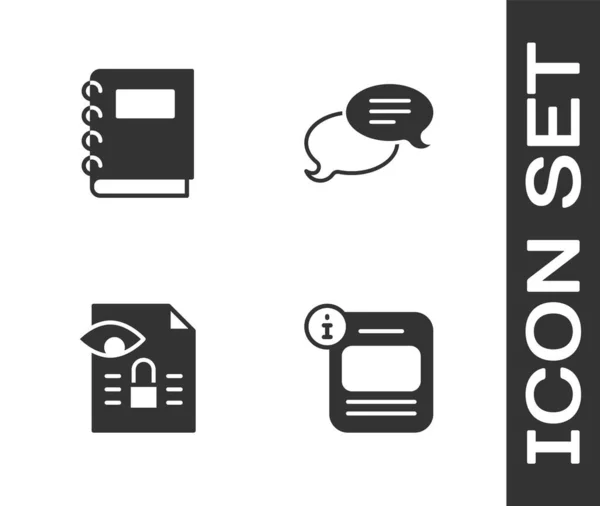Setzen Sie Informationen Notizbuch Journalistische Recherche Und Sprechblasen Chat Symbol — Stockvektor
