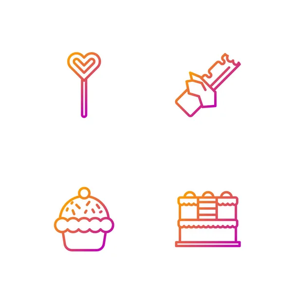 设置线蛋糕 棒棒糖和苦味巧克力条 明亮的色彩图标 — 图库矢量图片