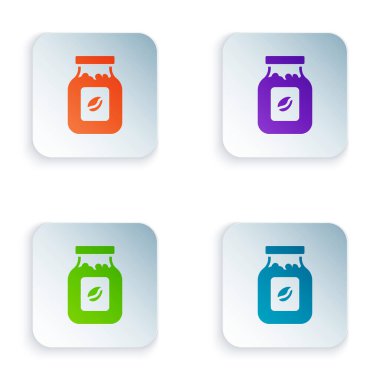 Beyaz arka planda izole edilmiş renkli kahve kavanozu ikonu. Kare düğmelere renkli simgeleri yerleştir. Vektör