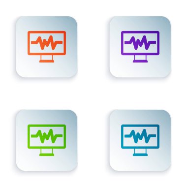 Beyaz arkaplanda kardiyogram simgesi olan renkli bilgisayar monitörü. Simge denetleniyor. Kalp atışı elle çizilmiş EKG monitörü. Kare düğmelere renkli simgeleri yerleştir. Vektör