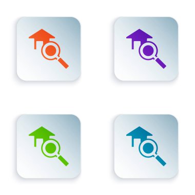 Renk Arama Evi simgesi beyaz arkaplanda izole edildi. Büyüteç altındaki bir evin emlak sembolü. Kare düğmelere renkli simgeleri yerleştir. Vektör