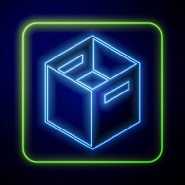 Parlayan neon karton kutu simgesi mavi arkaplanda izole edildi. Kutu, paket, paket işareti. Teslimat ve ambalaj. Vektör