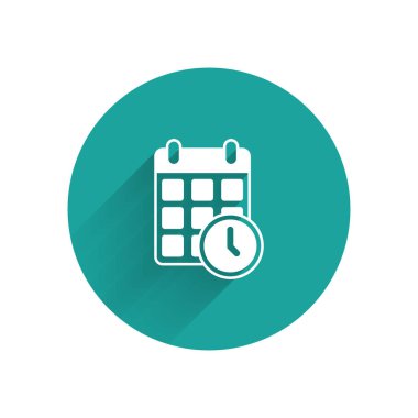 Beyaz karton karton kutu ve hızlı teslimat ikonu uzun gölgeli arka planda izole edilmiş. Kutu, paket, paket işareti. Teslimat ve ambalaj. Yeşil daire düğmesi. Vektör