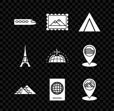 Tren, posta pulu ve dağları, turist çadırı, Mısır piramitleri, biyometrik verili pasaport, harita işaretleyici, Eyfel kulesi ve Dünya 'nın uçan uçak ikonu. Vektör