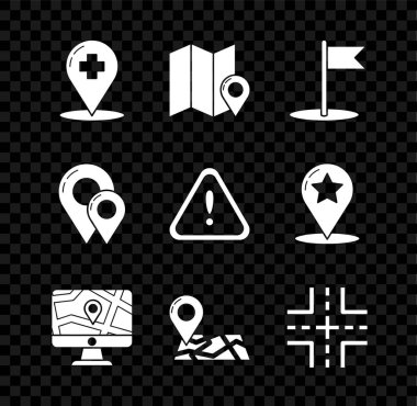 Tıbbi harita işaretçisini çapraz hastaneye, katlanmış konum işaretleyicisine, bayrağa, monitöre ve katlanmış, trafik işaretine, harita iğnesine ve ünlem üçgenine ayarlayın. Vektör
