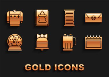 Mutlu Noeller zil, Noel partisi davetiyeli zarf, takvim, sıcak çikolata kupası şekerlemeleri, kar küresi, dilek listesi şablonu, süveter ve kitap ikonu. Vektör