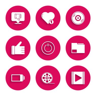 Güç düğmesini, Film makarasını, Play Video 'yu, Belge klasörünü, Pil şarj seviyesi göstergesini, Vinil disk benzeri elleri ve Konuşma Baloncuğu Hoşlanmama simgesini ayarla. Vektör