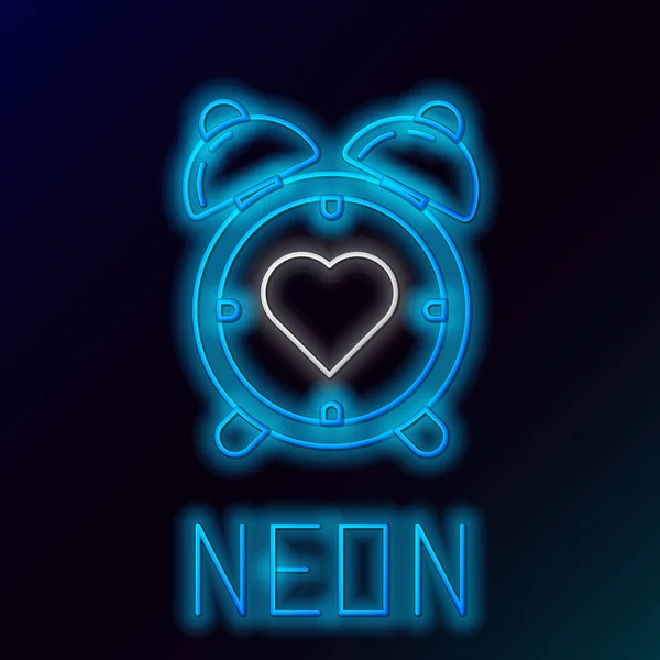 Zářící Neonová Čára Srdce Středu Budíku Ikony Izolované Černém Pozadí — Stockový vektor