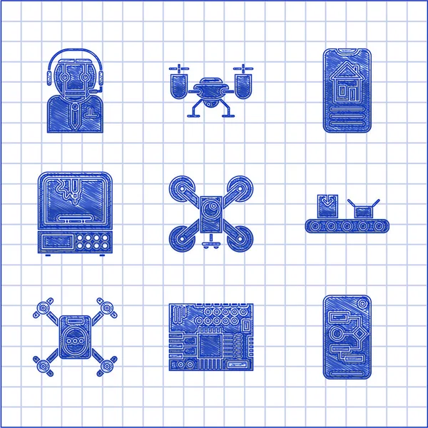 Set Drone Létání Akční Kamerou Deska Tištěných Obvodů Pcb Algoritmus — Stockový vektor