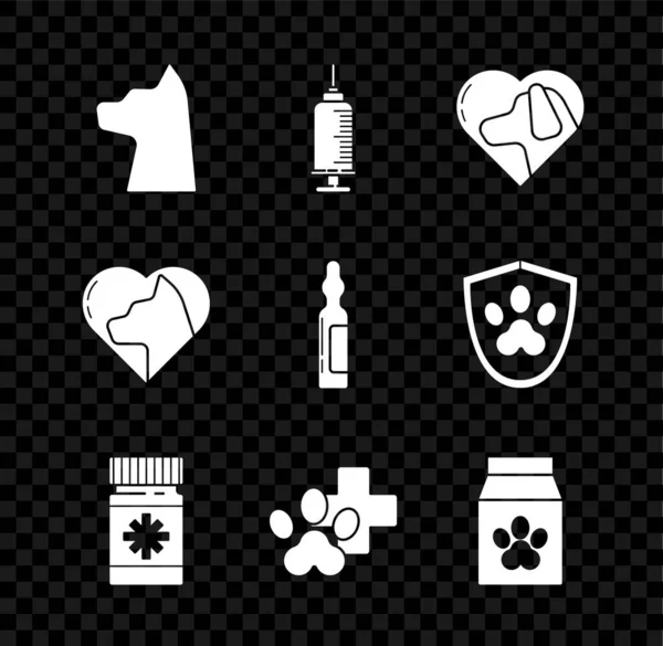 ペットワクチン付き注射器 ハートドッグ 犬薬ボトルと薬 獣医クリニックのシンボル 食べ物の袋 猫とペットバイアル医療アイコンを設定します ベクトル — ストックベクタ