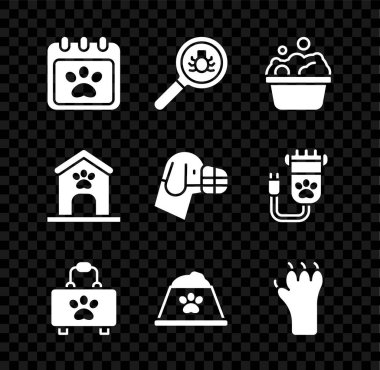 Takvim hazırlama, pire taraması, evcil hayvan banyosu, ilk yardım çantası, yemek kasesi, pençe izi, köpek evi ve patisi ve ağızlık ikonu. Vektör