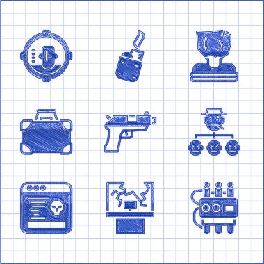 Tabanca ya da silah, kırık pencere, dinamit ve zamanlayıcı, mafya, sistem hatası, evrak çantası parası, adam kaçırma ve vesikalık ikonu. Vektör