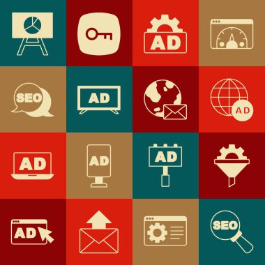 SEO optimizasyonunu, teçhizatlı satış hunisini, reklamcılığı, grafik tablosunu ve Dünya 'nın posta simgesini ayarla. Vektör