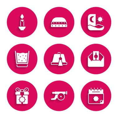 Türk şapkası, Ramazan topu, takvim, bağışta bulunun veya bağış yapın, hediye kutusu, su dolu cam, oruç ve yanan mum ikonu. Vektör