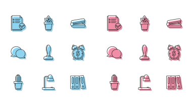 Kaktüs, saksı, masa lambası, belge kontrol işareti, kağıt dokümanların olduğu ofis klasörleri, Pul, Alarm saati sembolü, konuşma balonu sohbeti ve çiçek ikonu. Vektör