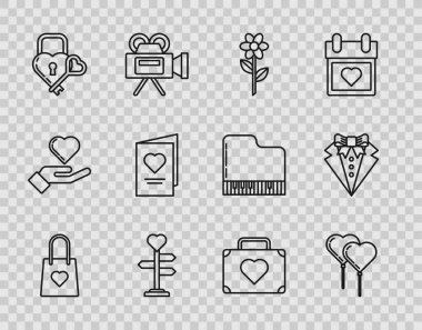 Yürekli alışveriş torbası, balon biçimi, çiçek, işaret direği, şekil ve anahtar Castle, sevgililer günü parti broşürü, çanta seyahat ve ikonu. Vektör