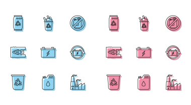 Geri dönüşüm sembollü geri dönüşüm kutusu benzin bidonu ve konserve kutusu, fabrika, araba aküsü, pil, okyanus plastik kirliliğini ve ikonu durdur. Vektör