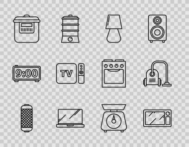 Hat ses sistemi hoparlörü, mikrodalga fırın, masa lambası, dizüstü bilgisayar, yavaş pişirme, TV kutusu alıcısı ve uzaktan kumandalı oyuncu, ölçek ve elektrik süpürgesi ikonu. Vektör